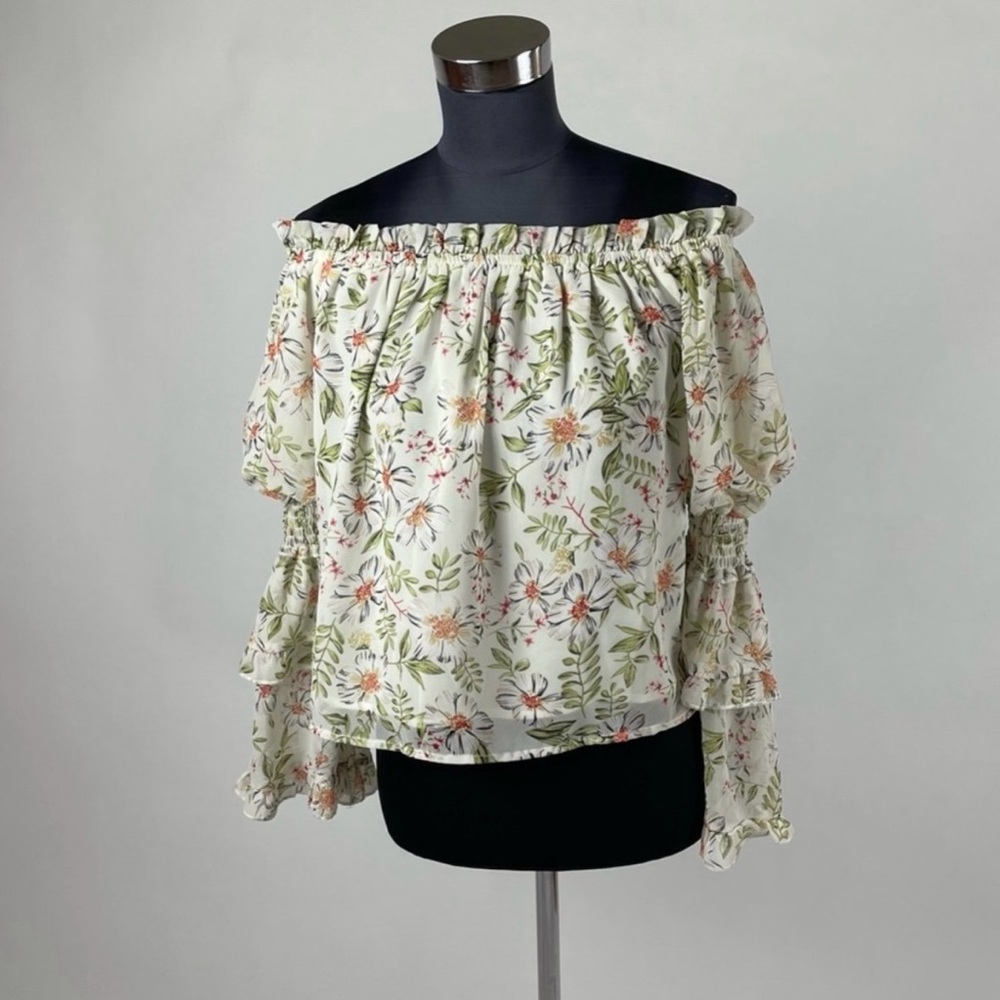 White Multicolor Floral Off-Shoulder Ruffle Sleeve Blouse Top